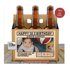 Beer Carton for Birthdays with Photo Label - Personalized 6 Pack Box & Label -  Mini Champagne Beer Carrier Box - Birthday - for a 6pk