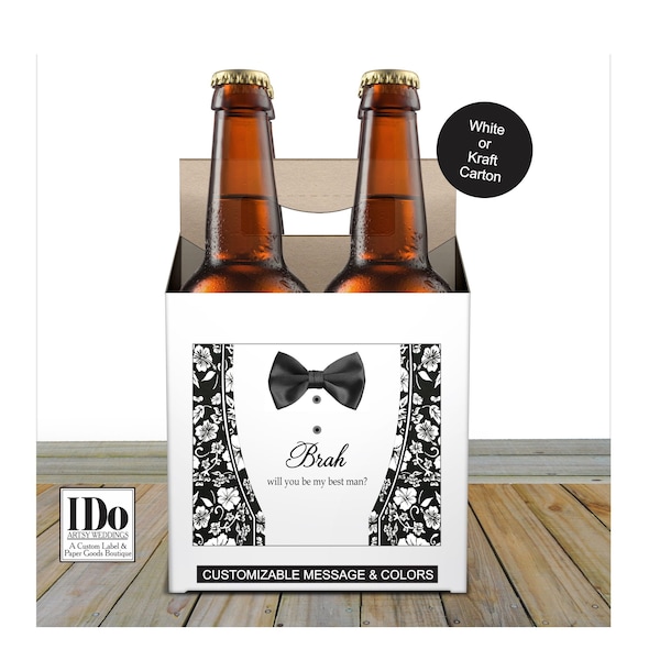 Beer Carton and Label - Personalized Four Pack Box & Label - Beer Carrier Box and Custom Label - Tuxedo Groomsmen Proposal for a 4pk