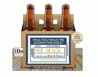 Walk Me Down the Aisle Beer Carton and Label - Personalized  6-Pack Box & Label - Beer Carrier - Indigo + Honeycomb - 6pk box carrier