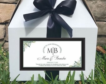 We ASSEMBLE Wedding Welcome Boxes for Guests -  Hotel Guest Gift Boxes - Custom Monogram Gable Box, Ribbon & Labels attached