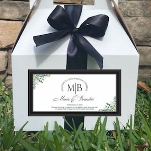 Wedding Welcome Boxes for Guests - We ASSEMBLE for you - Hotel Guest Gift Boxes - Custom Monogram Gable Box,Ribbon & Labels attached - Large