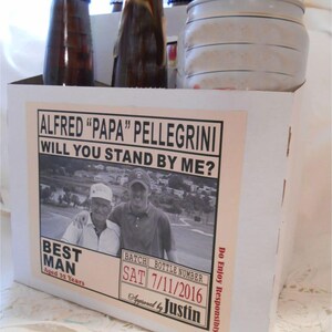 Will you be my Groomsman Best Man Photo Beer Carton and Label - Personalized Grooms and Best Man 6pk Beer Box Label w/ Beer Carrier Box - 6
