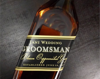Liquor Flask Label - Wedding Groomsman Liquor Bottle Sticker - Black & Gold Liquor Label - Formal Whiskey Label - Customizable