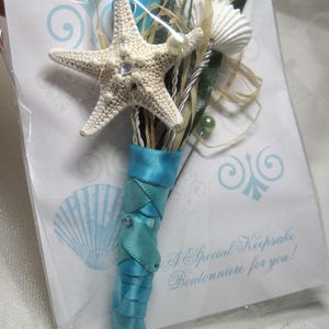 Beach Wedding Boutonniere - Turquoise with Starfish, Seashells, Crystals and Pearls - your colors
