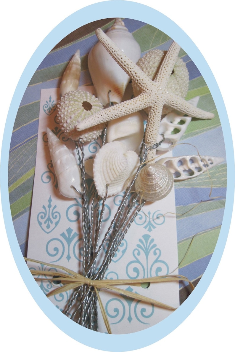 May include: A bouquet of seashells, starfish, and sea urchins tied together with twine. The shells are white and beige and are arranged on a white background with a blue and green patterned design.