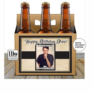 Custom Beer Tote for Birthdays with Photo Label Collage on Back Label - 6 Pack Box & Label -  Beer Carrier Box - Birthday - for a 6pk