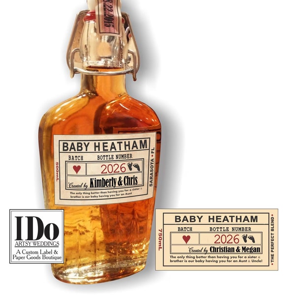 New Baby Liquor Flask Baby Reveal   Baby Annoucement   Hinged Bottles   500ml   17oz    Bottle & Labels