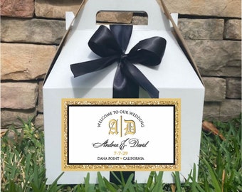 We ASSEMBLE - Welcome Boxes for Guests -  Custom Hotel Guest Gift Boxes - Custom Monogram Gable Box, Ribbon & Labels attached