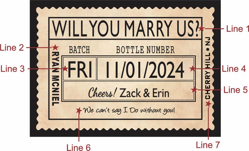 May include: A beige-toned invitation card with the words "WILL YOU MARRY US?" and the date "11/01/2024". The design includes the names "Zack & Erin" and the phrase "We can't say I Do without you!"