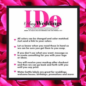 May include: A black framed sign with pink text reading "I Do Artsy Weddings", offering custom labels and paper goods for weddings, birthdays, and special events. The sign includes information about colour matching and custom designs.