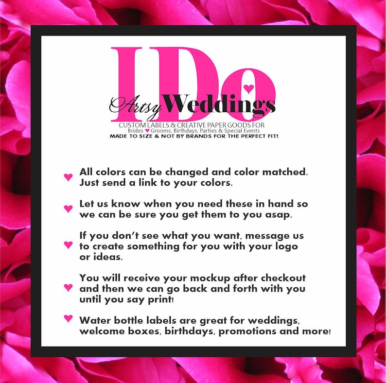 May include: A black framed sign with pink text reading "I Do Artsy Weddings", offering custom labels and paper goods for weddings, birthdays, and special events. The sign includes information about colour matching and custom designs.