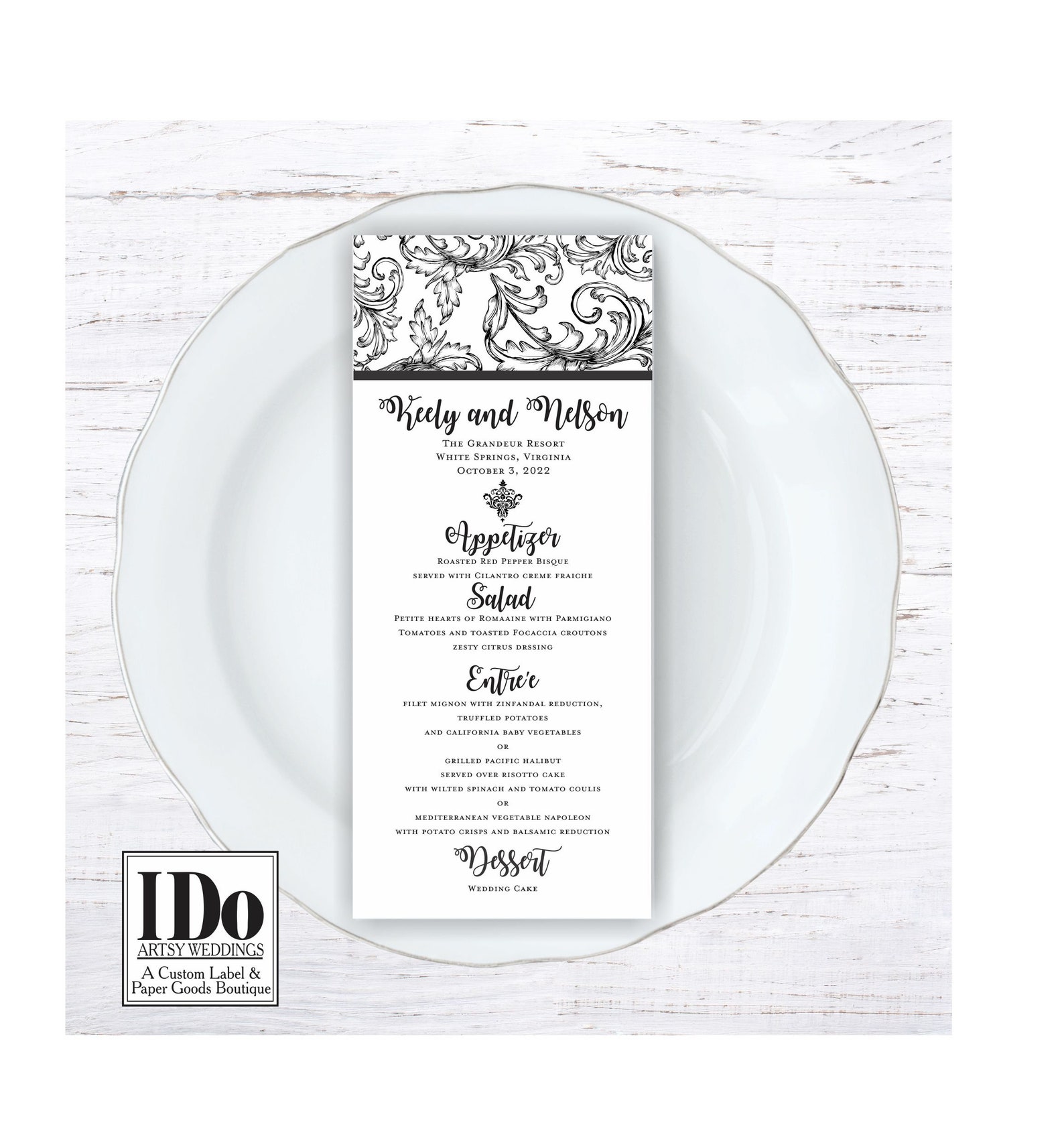 PRINTED Dinner Menu Black &amp; White Menu Custom Menus for - Etsy