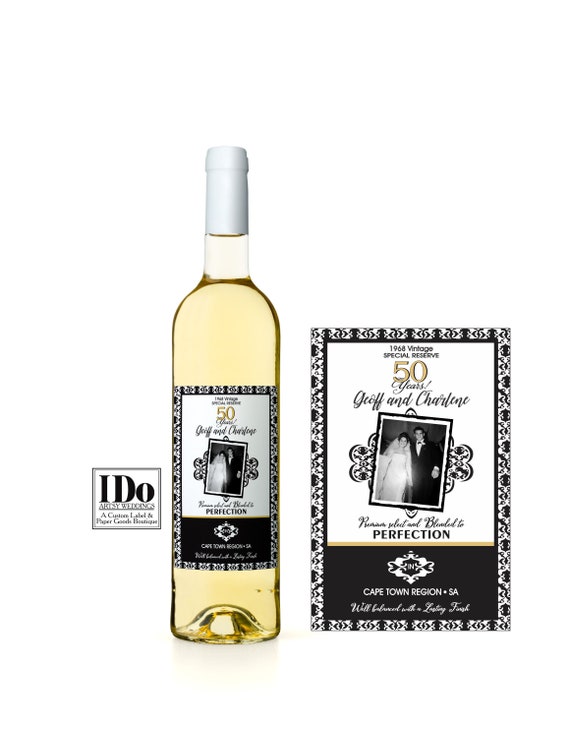 Anniversary Wine Bottle Labels - Celebrate 50th Anniversary - Black and White - Customizable to your Landmark Anniversary Il_570xn