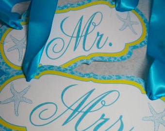 Wedding Chair Signs with Bride and Groom or Mr. and Mrs. for Beach Weddings Customizable