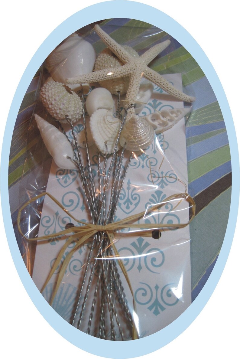 May include: A bouquet of white seashells and a white starfish tied with a brown ribbon. The bouquet is wrapped in clear plastic and is sitting on a white and blue patterned surface.