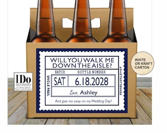 Walk Me Down the Aisle Beer Carton and Label - Personalized Six Pack Box & Label - Beer Carrier Box - Officiant Proposal  - for a 6pk