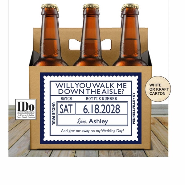 Walk Me Down the Aisle Beer Carton and Label - Personalized Six Pack Box & Label - Beer Carrier Box - Officiant Proposal  - for a 6pk