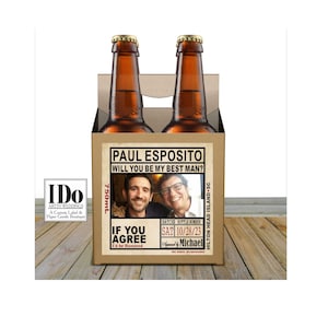 Beer Carton and Label - Personalized Four Pack Box & Label - Beer Carrier Box + Custom Photo Label - Infinity Heart Groomsmen  4pk Proposal