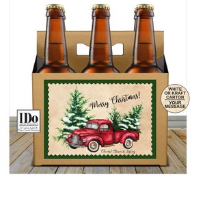 Employee Gift Red Truck Beer Carton Label Boss Gift Holiday Company Gift 6pk Pack Beer Carrier w/ Custom Label Christmas Carton image 1