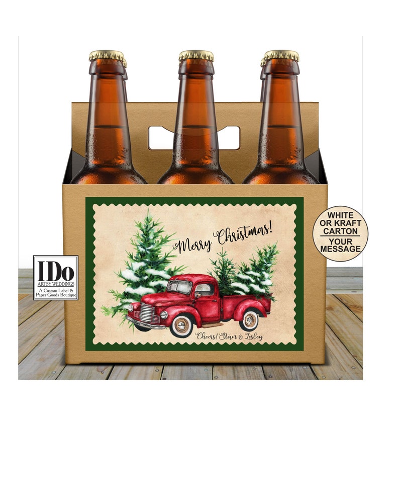 Employee Gift Red Truck Beer Carton Label Boss Gift Holiday Company Gift 6pk Pack Beer Carrier w/ Custom Label Christmas Carton image 1