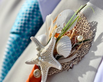 Beach Wedding Boutonniere - Natural Seashell - Sea Fan and Starfish Bout - Custom made for your Wedding - Your Colors