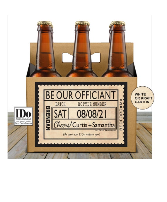 Officiant Beer Carton and Label - Personalized Six Pack Box & Label - Beer Carrier Box and Custom Label - Officiant Proposal - for a 6pk Il_570xn