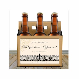 Officiant Proposal Beer Carton and Label - HIgh End Personalized Box & Label - Beer Carrier Box + Custom Label for a 6pk with fleur-des-lis