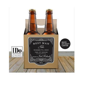 Beer Carton and Label - Personalized Four Pack Box & Label - Beer Carrier Box + Custom Label - Art Deco Groomsmen  Proposal for a 4pk
