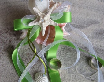 Ring Bearer Pillow Chartreuse and Pink Whelk Heart Seashell