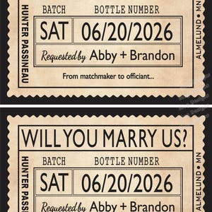 May include: Two vintage proposal tickets with the text "WILL YOU MARRY US?" and the date "06/20/2026". The tickets are tan with black text and a decorative border. The names "Abby + Brandon" are also included.