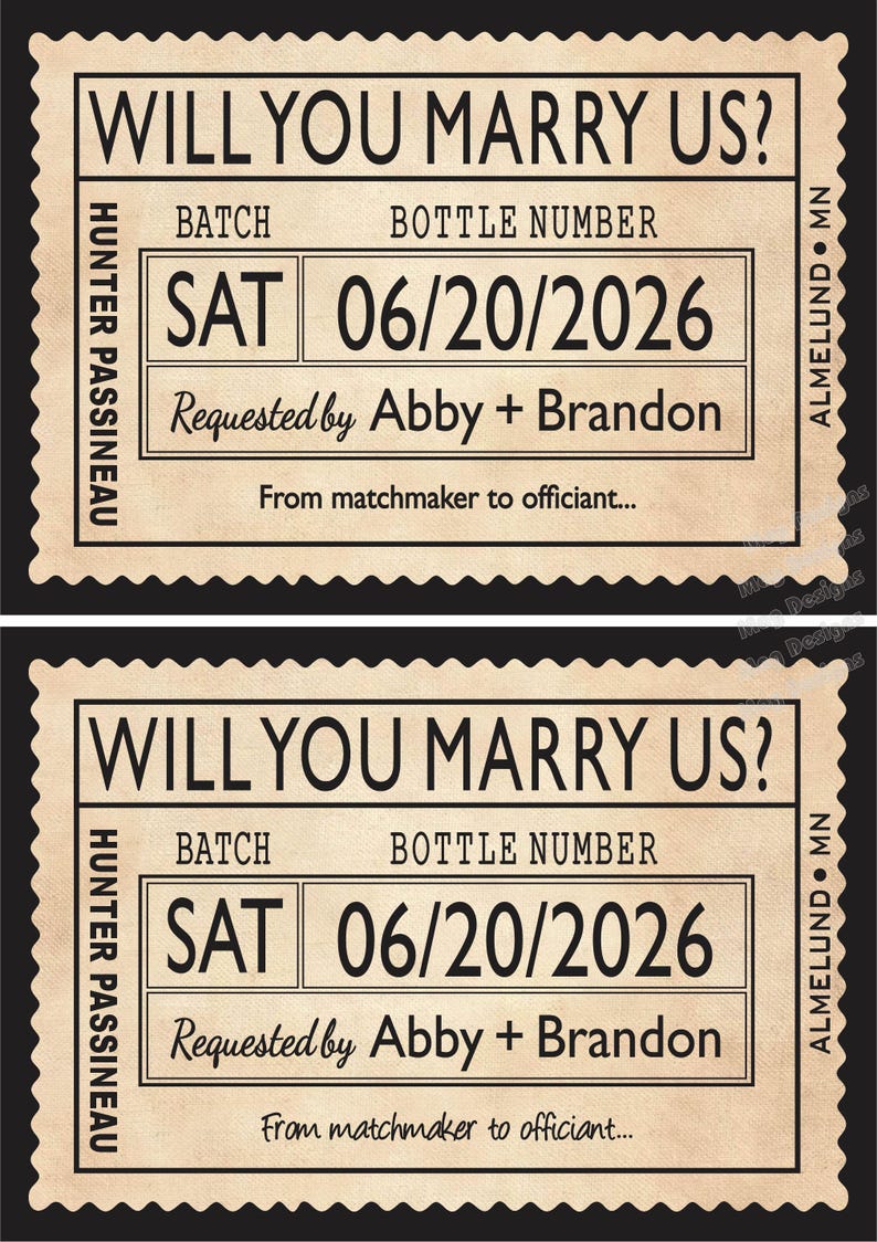 May include: Two vintage proposal tickets with the text "WILL YOU MARRY US?" and the date "06/20/2026". The tickets are tan with black text and a decorative border. The names "Abby + Brandon" are also included.
