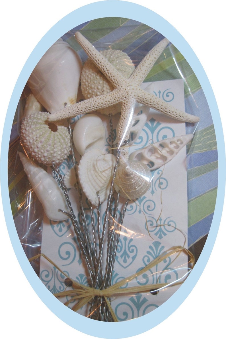 May include: A bouquet of white seashells and a white starfish tied with a brown ribbon. The bouquet is wrapped in clear plastic and placed on a blue and white patterned background.