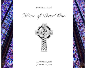 Catholic Funeral Program Template - Irish Celtic Cross - Mass of Christian Burial - Customizable