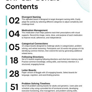 May include: A white document titled "SNF SLP Bundle Contents" lists educational resources. The document includes sections on divergent naming, medication management, categorical connections, following directions, letter boards, and problem-solving timelines.