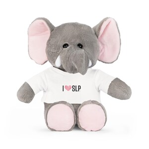 May include: A gray plush elephant wearing a white t-shirt with the text "I ♥ SLP" in black lettering and a pink heart.