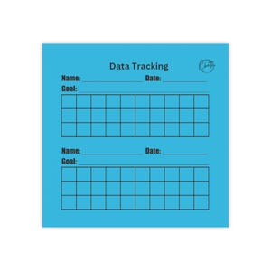 Op de afbeelding: Een blauwe data tracking sheet met de titel "Data Tracking" en twee secties voor het registreren van data. Elke sectie heeft velden voor naam, doel en datum, evenals een raster voor het bijhouden van de voortgang.