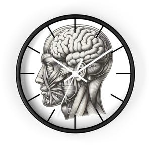 May include: A black and white anatomical illustration of a human head with a visible brain, used as a clock face. The clock has black hands and a black frame.