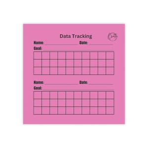 Op de afbeelding: Een roze datatrackingsheet met zwarte tekst. De sheet bevat secties voor naam, datum en doel, samen met een raster om de voortgang bij te houden. In de rechterbovenhoek staat een klein logo. Ideaal voor doelstelling en voortgang.