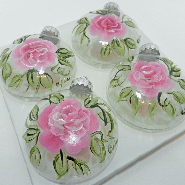 Hand Painted Rose Ornaments Set of Four