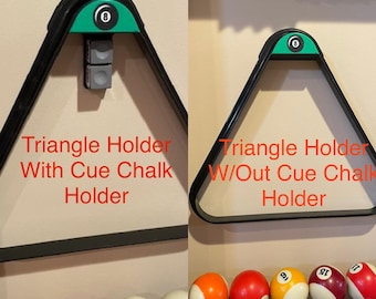 May include: Black and green triangle pool cue rack with a green accent and the number 8. The rack is designed to hold pool balls. The text "Triangle Holder With Cue Chalk Holder" is visible.