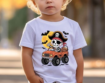 Pirate Skeleton Baby Bodysuit, Halloween Gift Toddler Shirt, Skeleton Driving Truck Youth Tee, Halloween Candy Truck Shirt, Kids Halloween