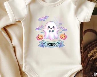 Personalized Cute Ghost Halloween Baby Bodysuit, Pink Bow Pumpkin Toddler Shirt, Pink Bow Ghost, Spider Web Ghost, Cute Spooky Kids