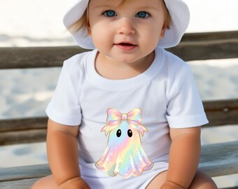 Cute Pastel Ghost Baby Bodysuit, Rainbow Ghost Bow Halloween Youth Tee, Girly Spooky Kids Halloween Toddler Shirt, Spooky Season