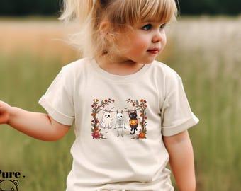 Cute Halloween Youth Shirt, Ghost Skeleton Toddler Tee, Black Cat Pumpkin, Floral Spooky Kids Halloween, Skeleton Baby Bodysuit