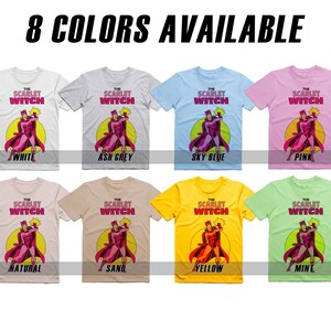 May include: Eight t-shirts featuring a graphic of the Scarlet Witch from Marvel Comics. The t-shirts are available in eight colors: white, ash grey, sky blue, pink, natural, sand, yellow, and mint.