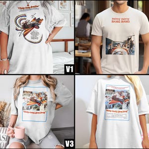 Puede incluir: Cuatro camisetas blancas con diferentes diseños. La primera camiseta tiene un gráfico colorido de un coche volador con el texto "Chitty Chitty Bang Bang". La segunda camiseta tiene el texto "Chitty Whitte Bang Bang". La tercera camiseta tiene un gráfico colorido de un coche volador con el texto "Chitty Chitty Bang Bang". La cuarta camiseta tiene un gráfico colorido de un coche volador con el texto "Chitty Chitty Bang Bang".