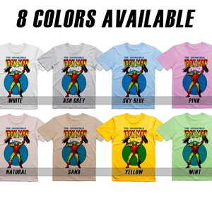 May include: Eight t-shirts featuring a comic book style image of Iron Man with the text "The Invincible Iron Man". The t-shirts are available in the following colors: white, ash grey, sky blue, pink, natural, sand, yellow, and mint.