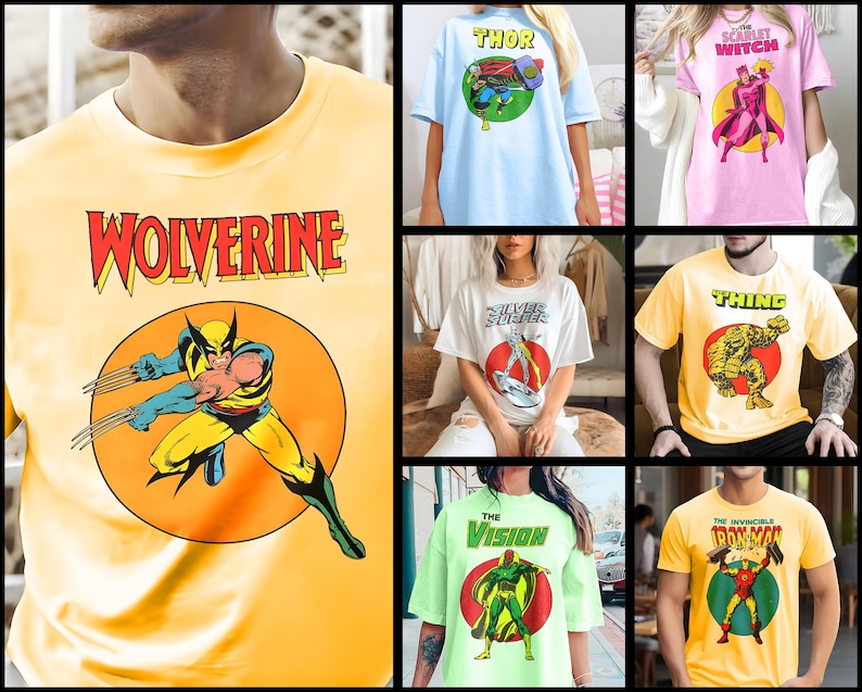 May include: A collection of t-shirts featuring different Marvel Comics characters. The shirts are yellow, light blue, pink, white, green, and light yellow. The characters featured are Wolverine, Thor, Scarlet Witch, Silver Surfer, Thing, Vision, and Iron Man.