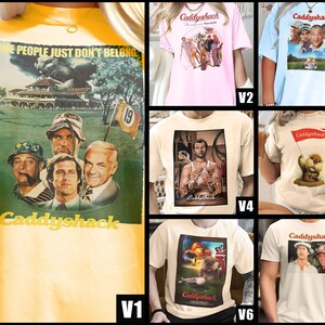 May include: A set of ten t-shirts featuring different designs from the movie Caddyshack. The shirts are in various colors, including light blue, pink, cream, and yellow. The designs include a group of people playing golf, a gopher, and a man with a golf club.