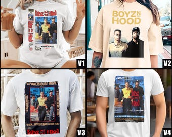 May include: White t-shirts with the film title "Boyz n the Hood" printed on them. The shirts showcase movie posters with images of the cast. One shirt has the text "INCREASE THE PEACE." Another says "A POWERHOUSE MOVIE."
